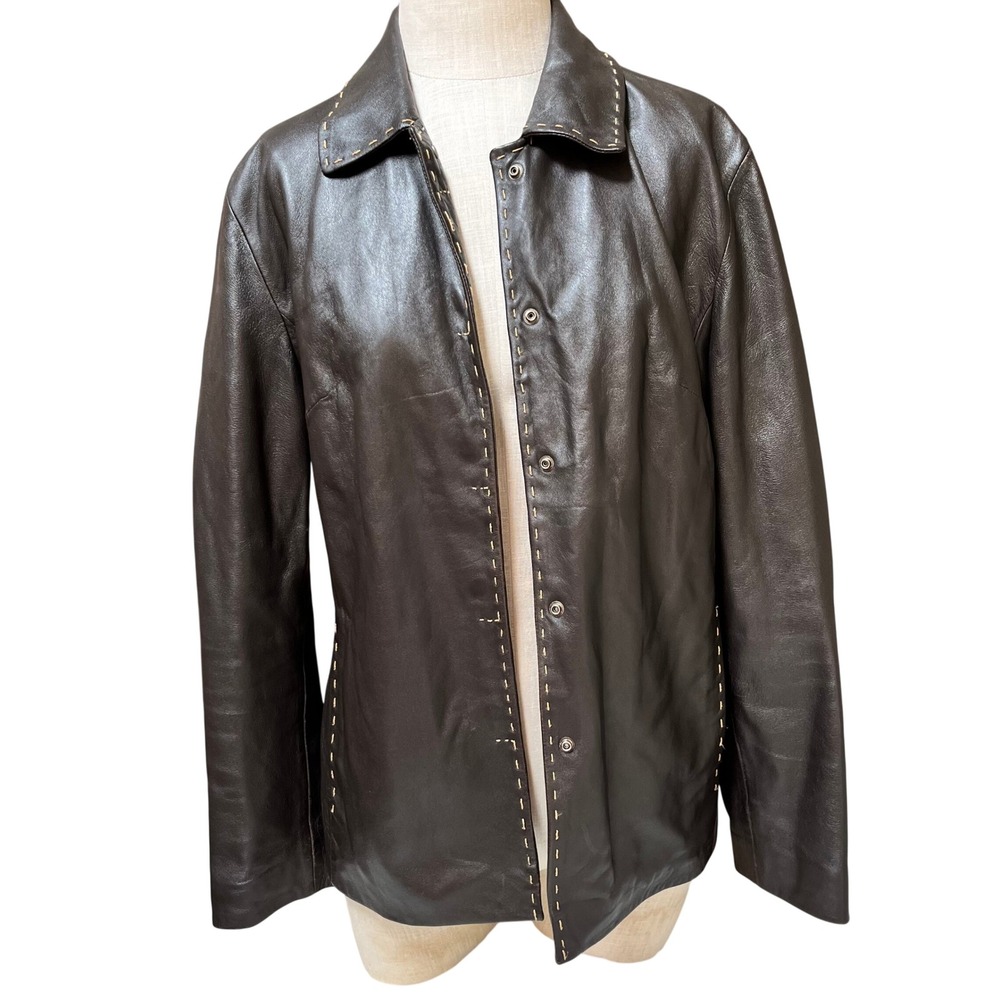 Caslon Womens Brown‎ Leather Snap Front Whipstitch Detail Jacket Size Large